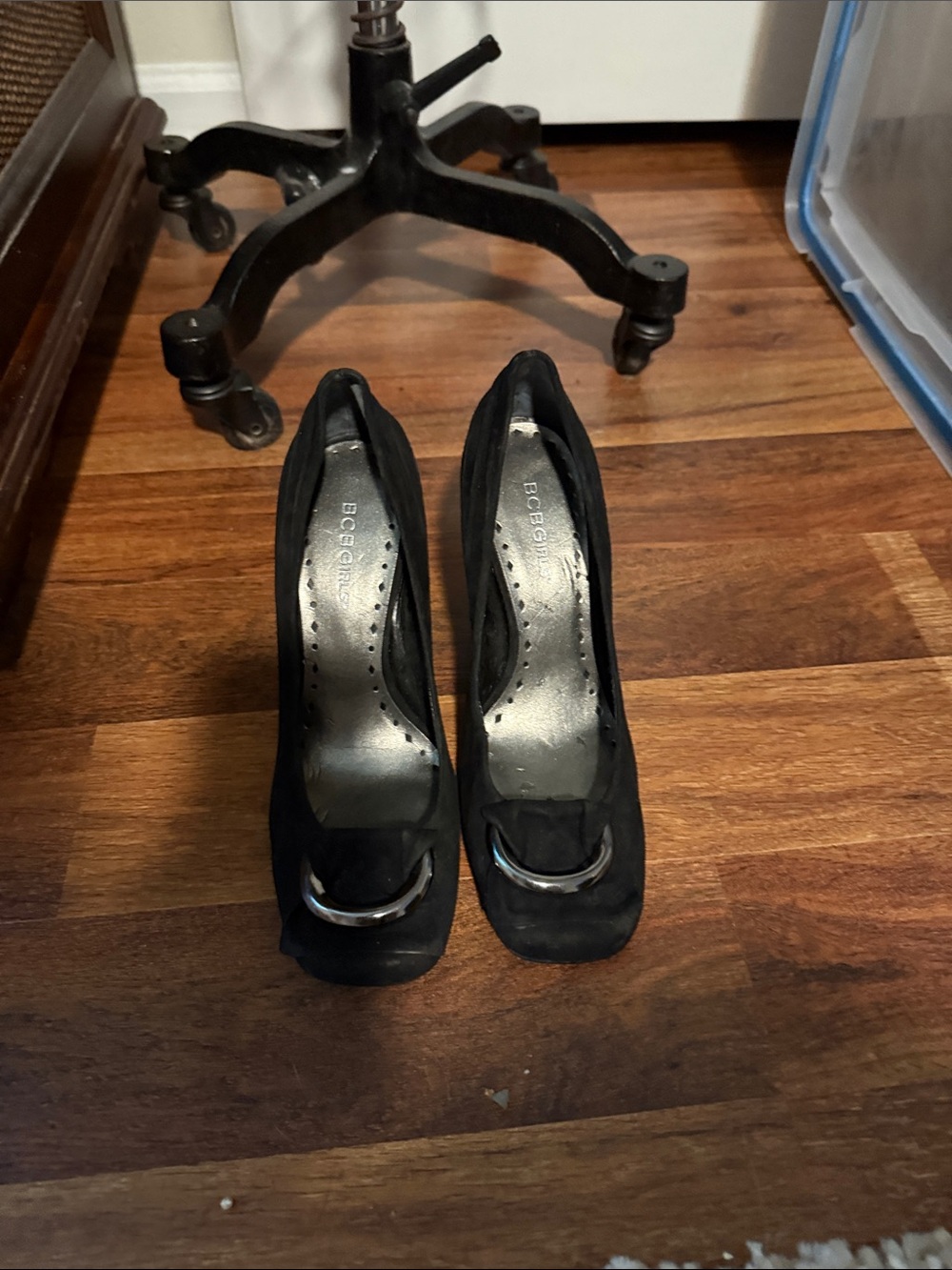 BCBG Black Suede Square-Toe Pumps with Silver Toe Accent